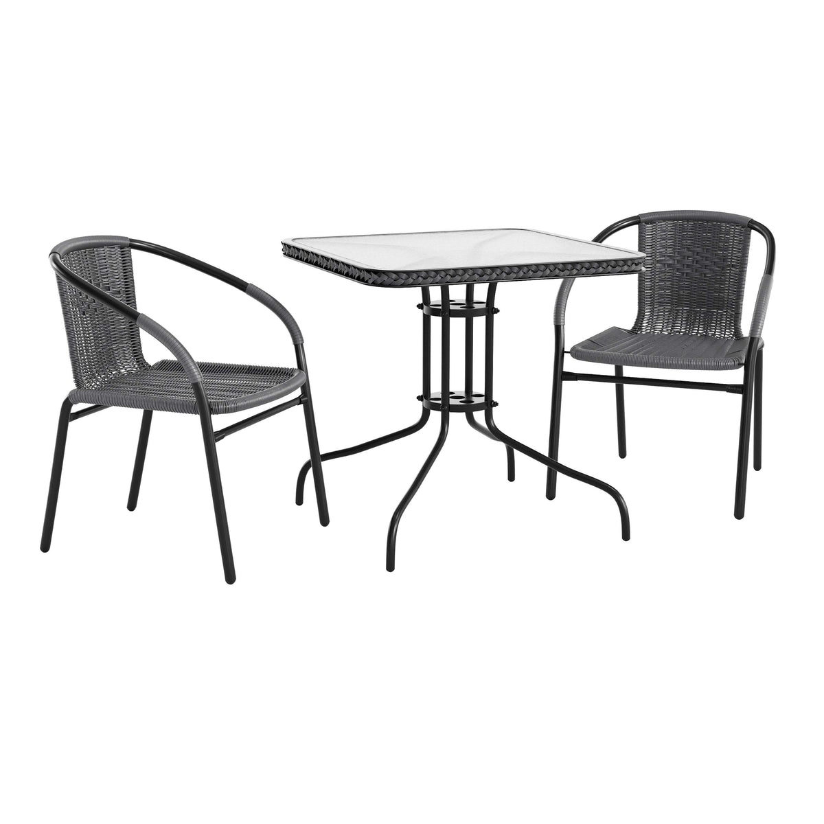 Barker 28'' Square Glass Metal Table with Rattan Edging and 2 Rattan Stack Chairs
