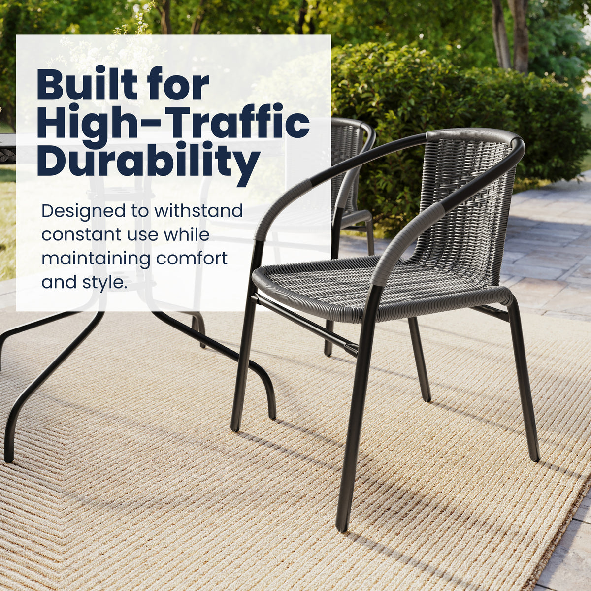 Barker 28'' Square Glass Metal Table with Rattan Edging and 2 Rattan Stack Chairs