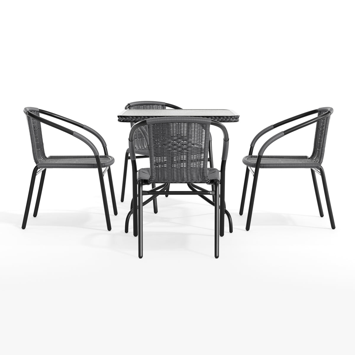 Barker 28'' Square Glass Metal Table with Rattan Edging and 4 Rattan Stack Chairs