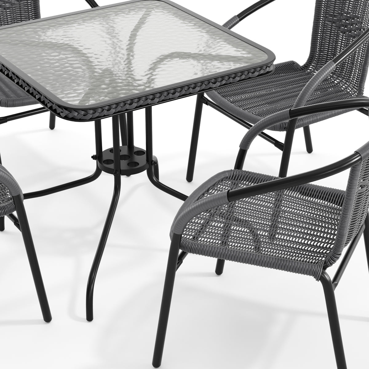 Barker 28'' Square Glass Metal Table with Rattan Edging and 4 Rattan Stack Chairs
