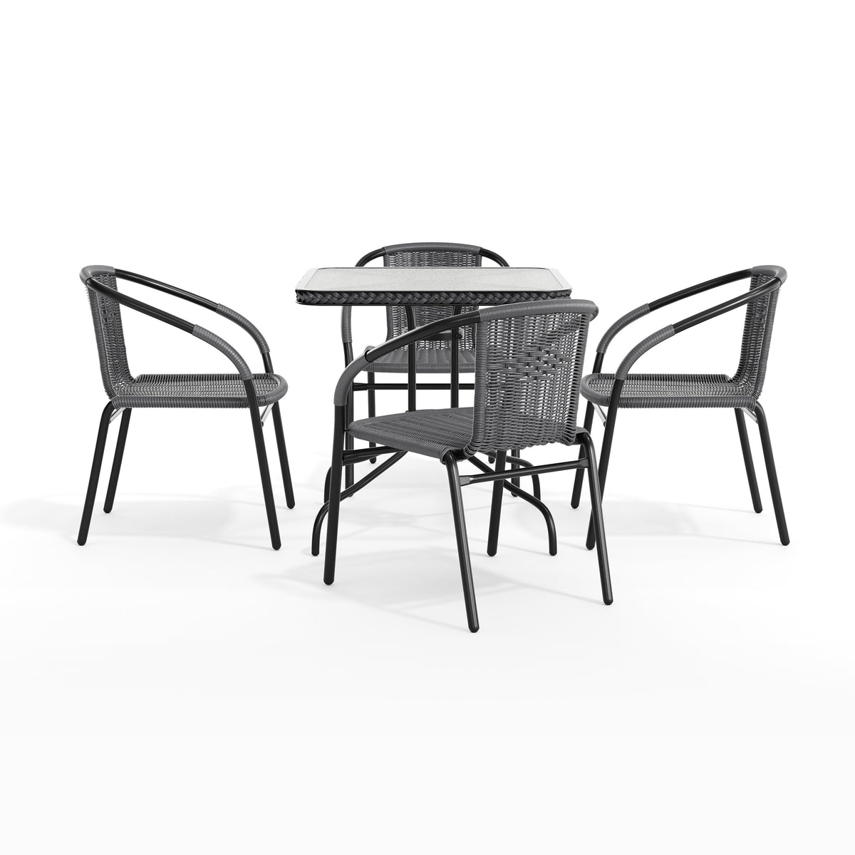 Barker 28'' Square Glass Metal Table with Rattan Edging and 4 Rattan Stack Chairs