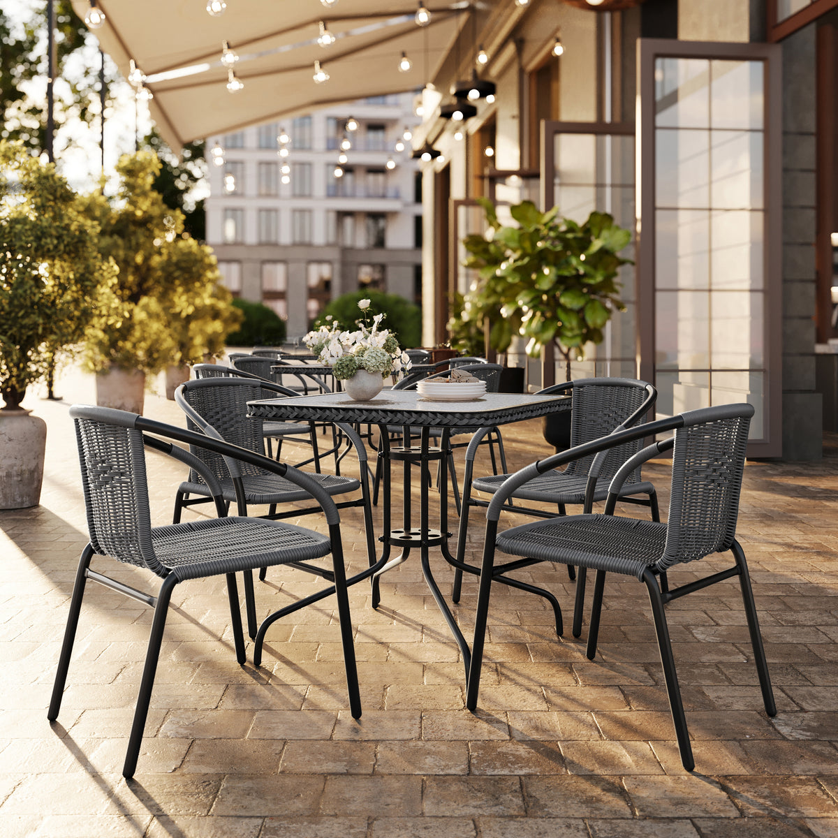 Barker 28'' Square Glass Metal Table with Rattan Edging and 4 Rattan Stack Chairs