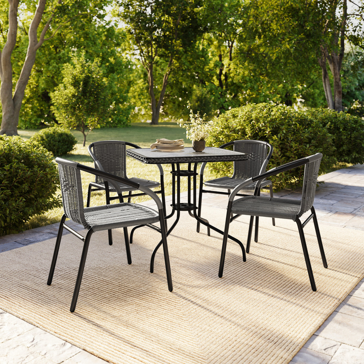 Barker 28'' Square Glass Metal Table with Rattan Edging and 4 Rattan Stack Chairs