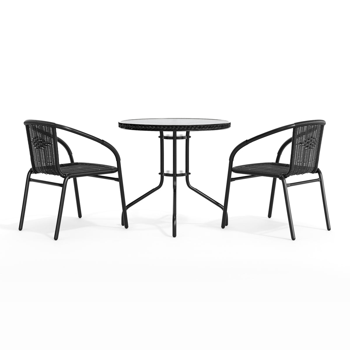 Barker 28'' Round Glass Metal Table with Rattan Edging and 2 Rattan Stack Chairs