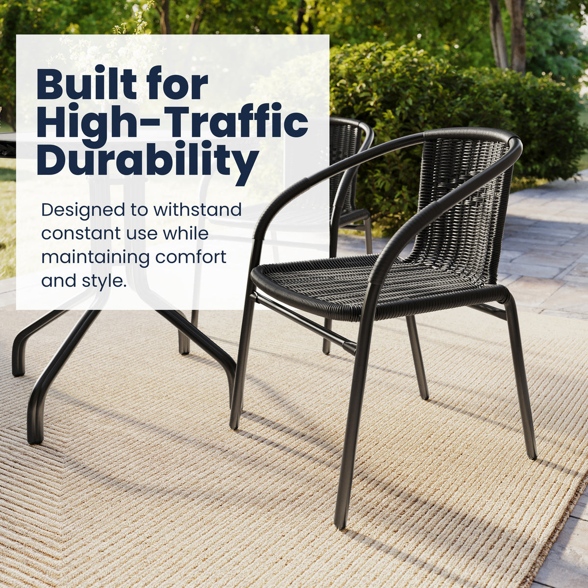 Barker 28'' Round Glass Metal Table with Rattan Edging and 2 Rattan Stack Chairs