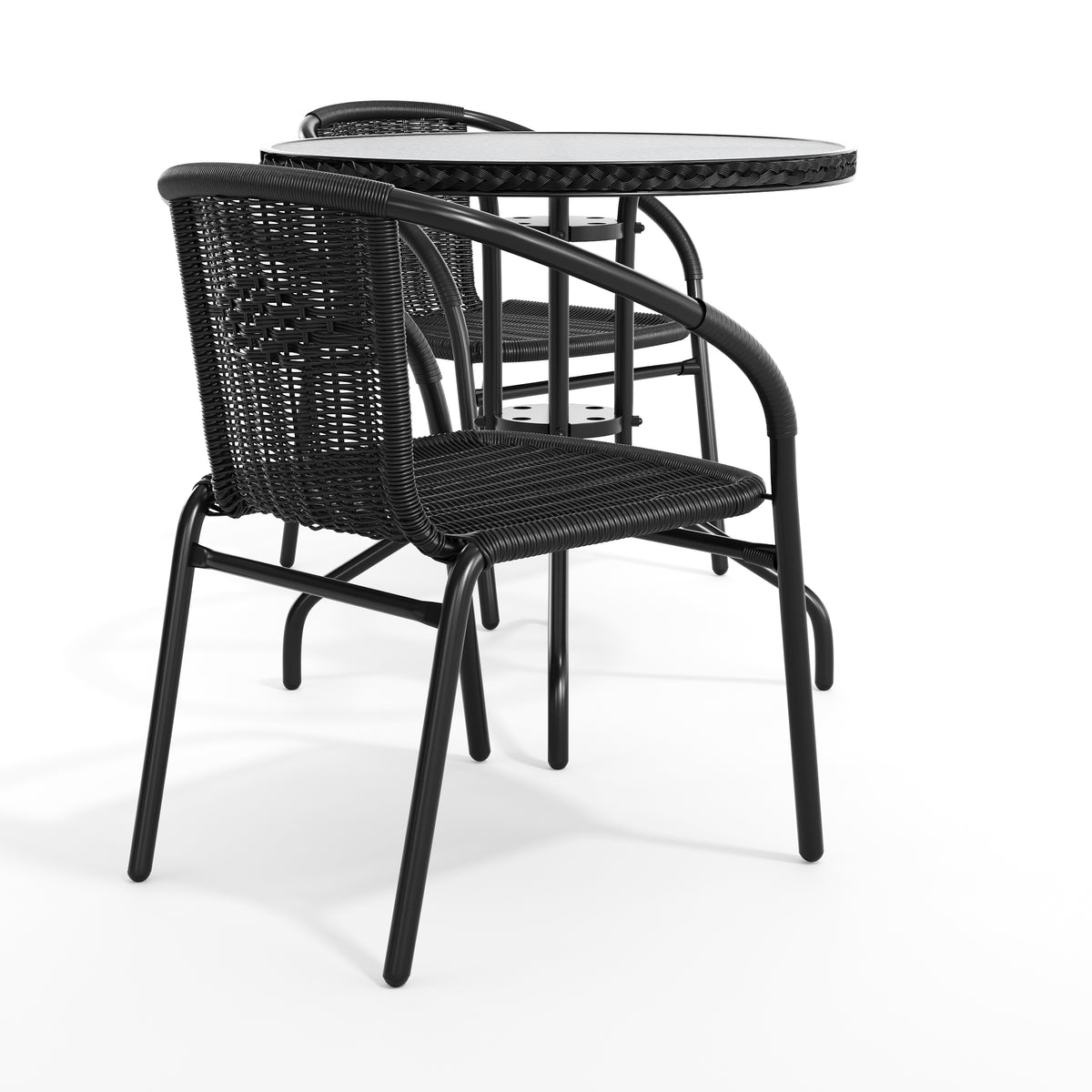 Barker 28'' Round Glass Metal Table with Rattan Edging and 2 Rattan Stack Chairs
