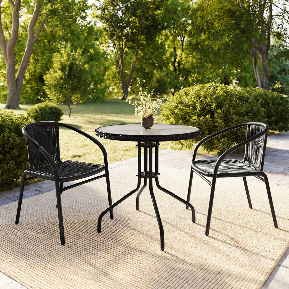 Barker 28'' Round Glass Metal Table with Rattan Edging and 2 Rattan Stack Chairs