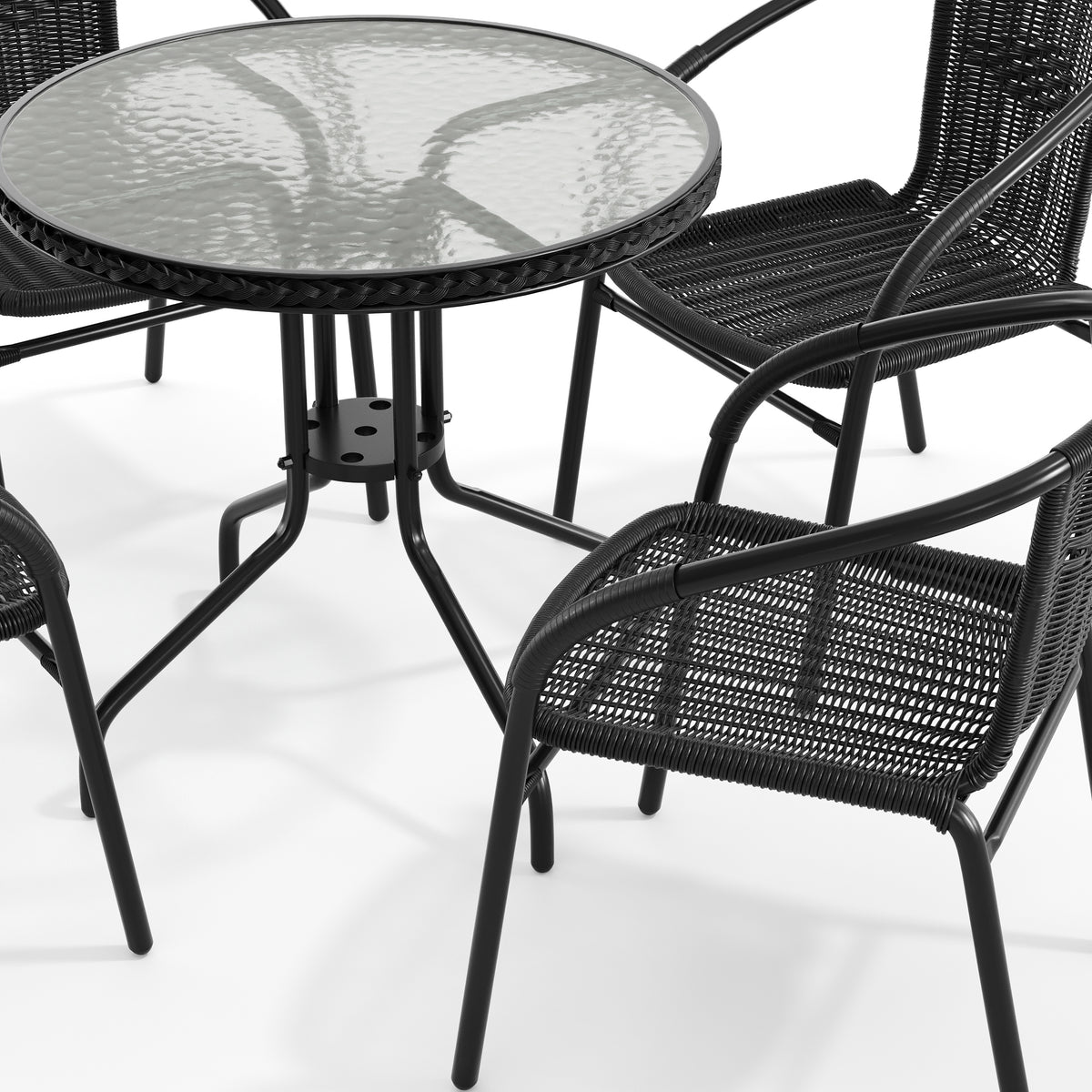 Barker 28'' Round Glass Metal Table with Rattan Edging and 4 Rattan Stack Chairs
