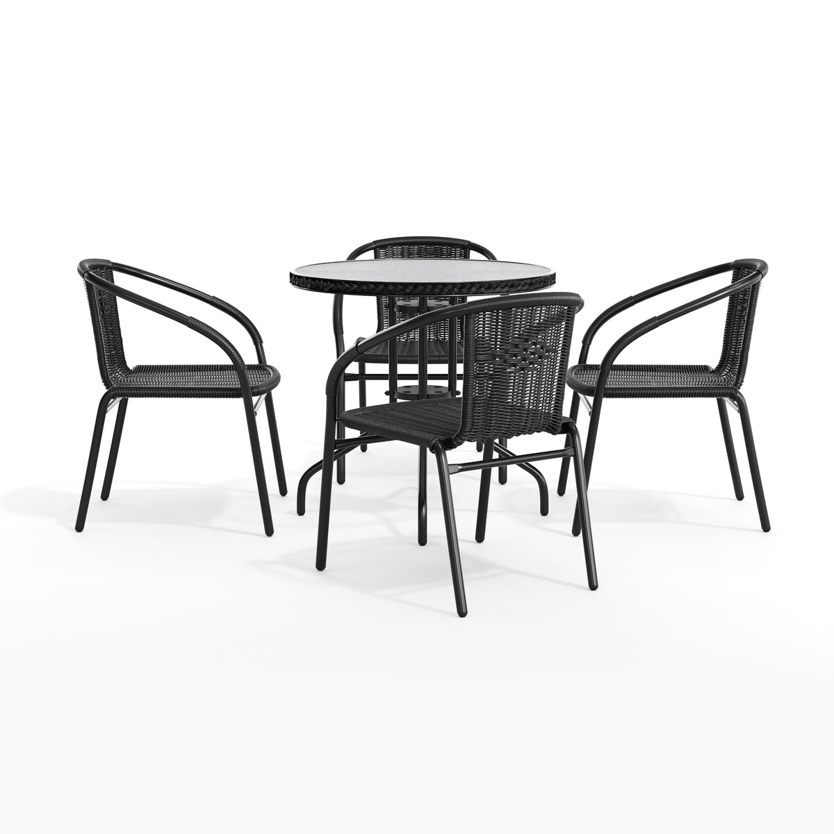 Barker 28'' Round Glass Metal Table with Rattan Edging and 4 Rattan Stack Chairs