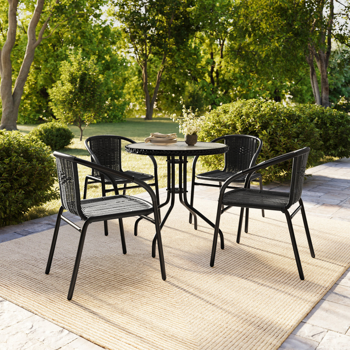 Barker 28'' Round Glass Metal Table with Rattan Edging and 4 Rattan Stack Chairs