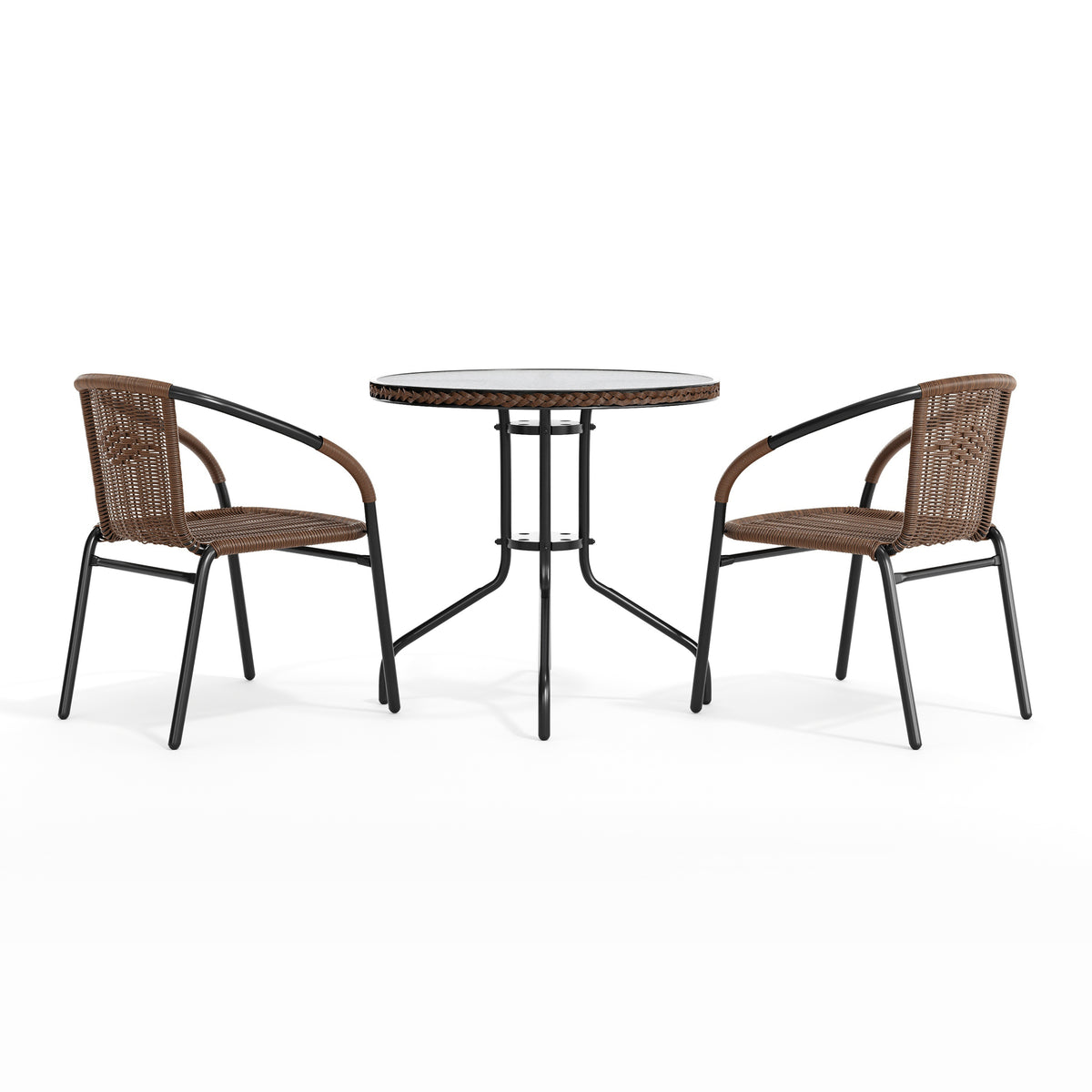 Barker 28'' Round Glass Metal Table with Rattan Edging and 2 Rattan Stack Chairs