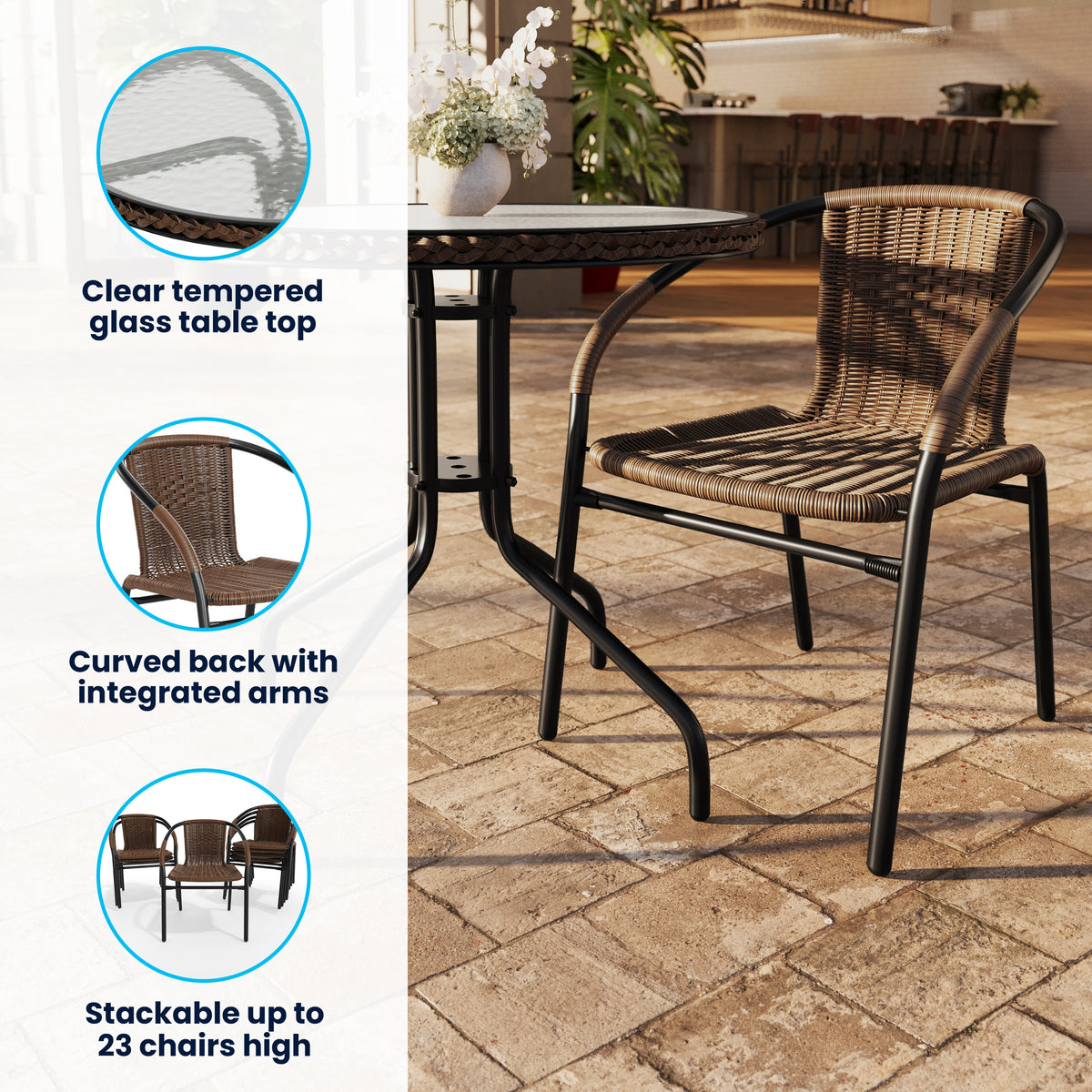 Barker 28'' Round Glass Metal Table with Rattan Edging and 2 Rattan Stack Chairs