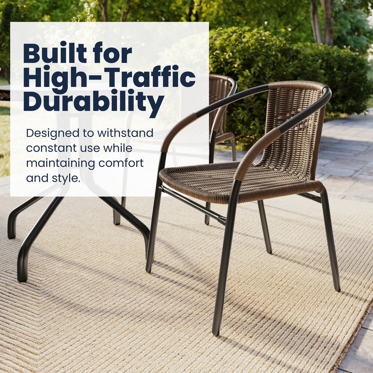Barker 28'' Round Glass Metal Table with Rattan Edging and 2 Rattan Stack Chairs