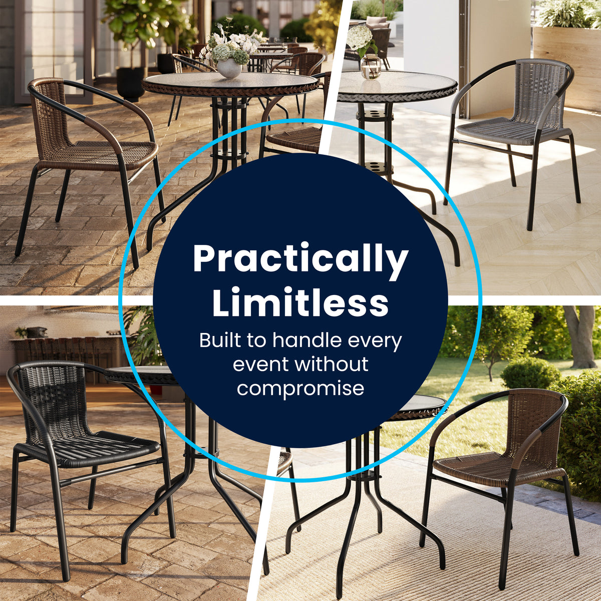 Barker 28'' Round Glass Metal Table with Rattan Edging and 2 Rattan Stack Chairs