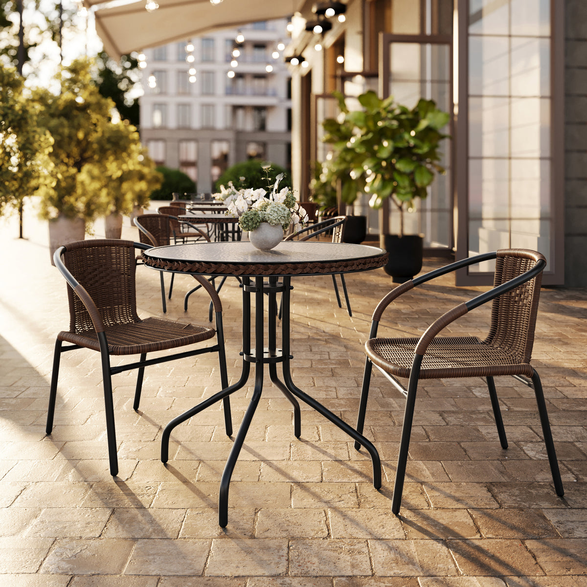 Barker 28'' Round Glass Metal Table with Rattan Edging and 2 Rattan Stack Chairs