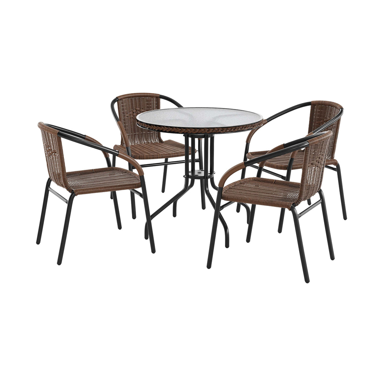 Barker 28'' Round Glass Metal Table with Rattan Edging and 4 Rattan Stack Chairs