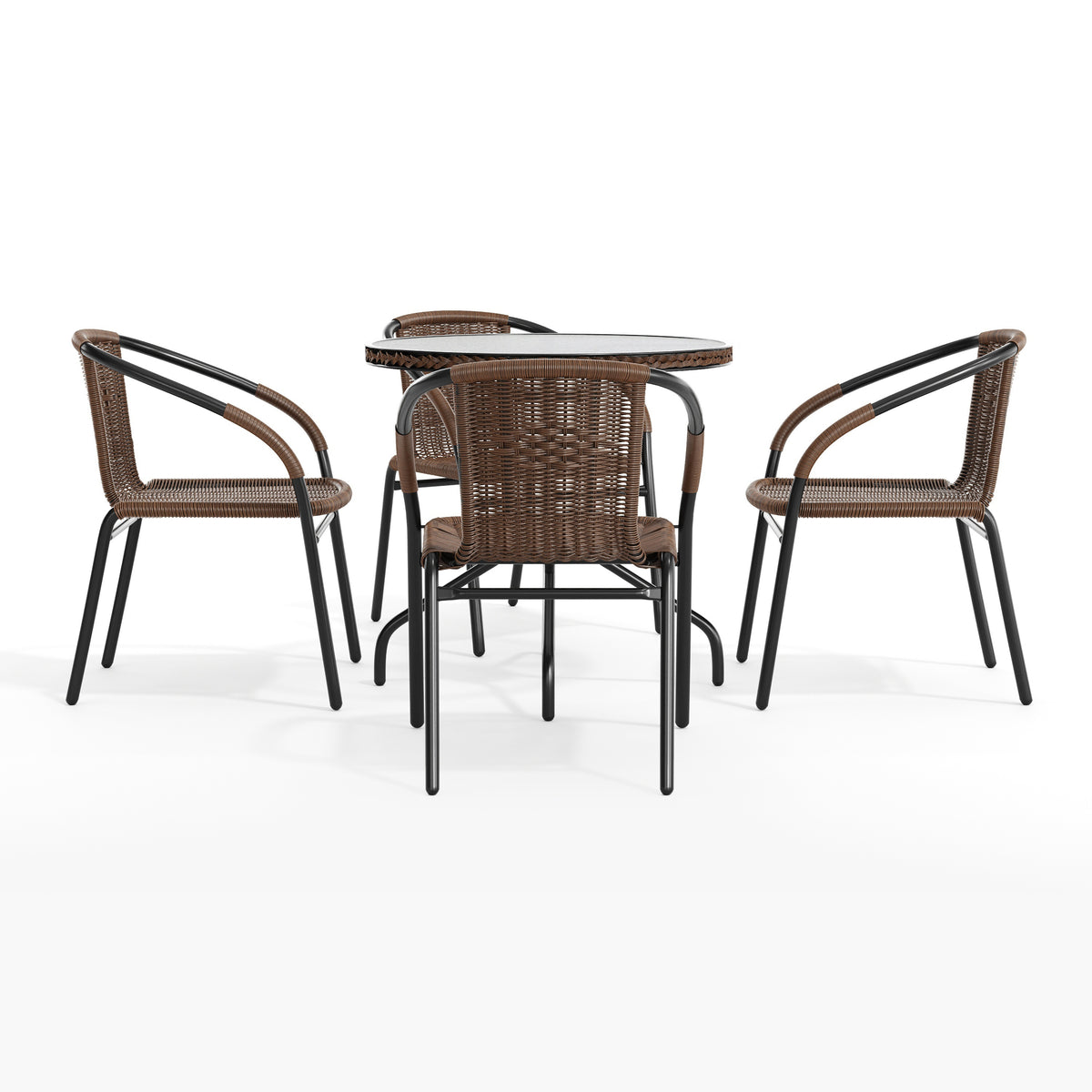 Barker 28'' Round Glass Metal Table with Rattan Edging and 4 Rattan Stack Chairs