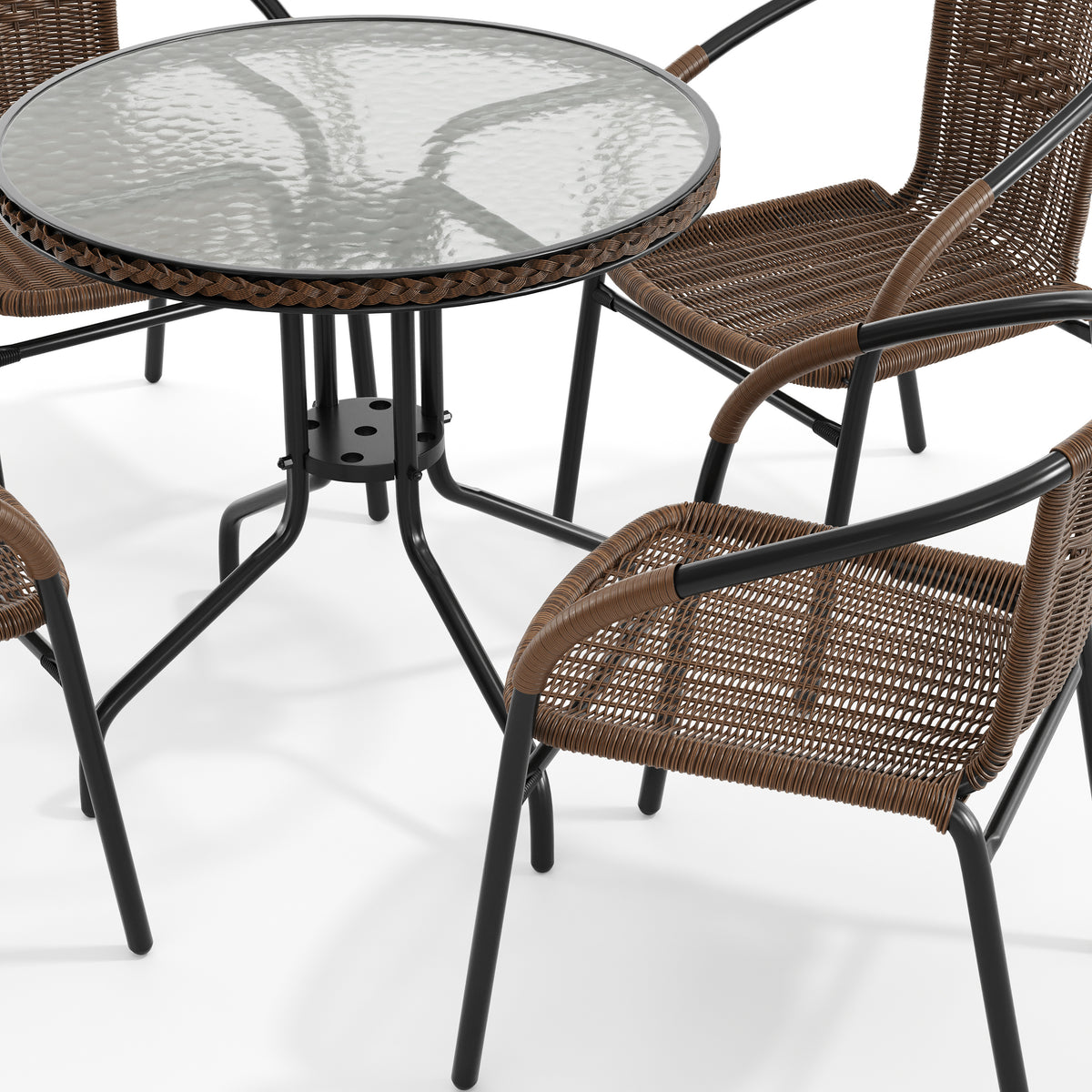 Barker 28'' Round Glass Metal Table with Rattan Edging and 4 Rattan Stack Chairs