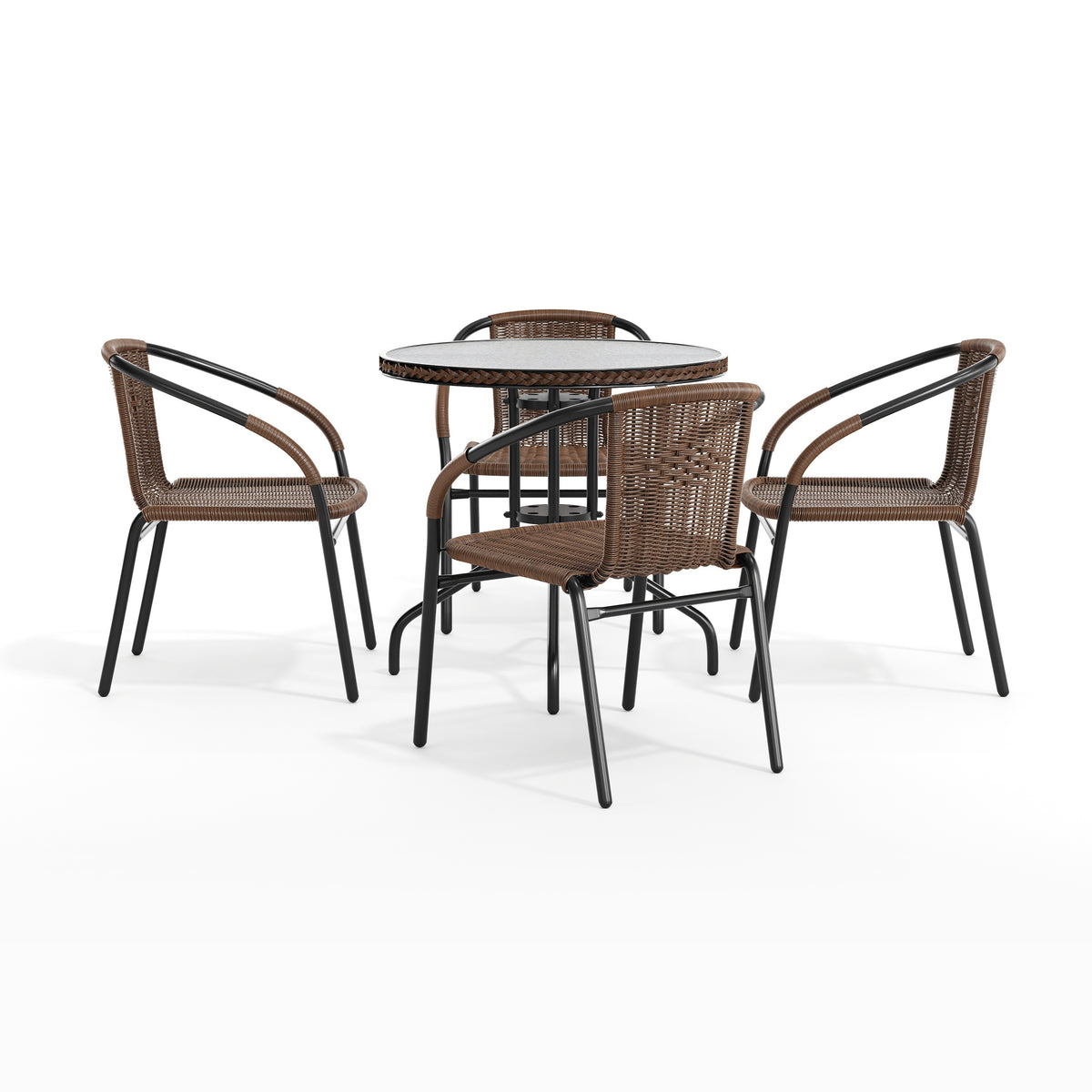 Barker 28'' Round Glass Metal Table with Rattan Edging and 4 Rattan Stack Chairs