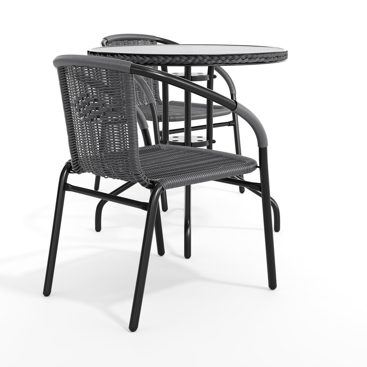 Barker 28'' Round Glass Metal Table with Rattan Edging and 2 Rattan Stack Chairs