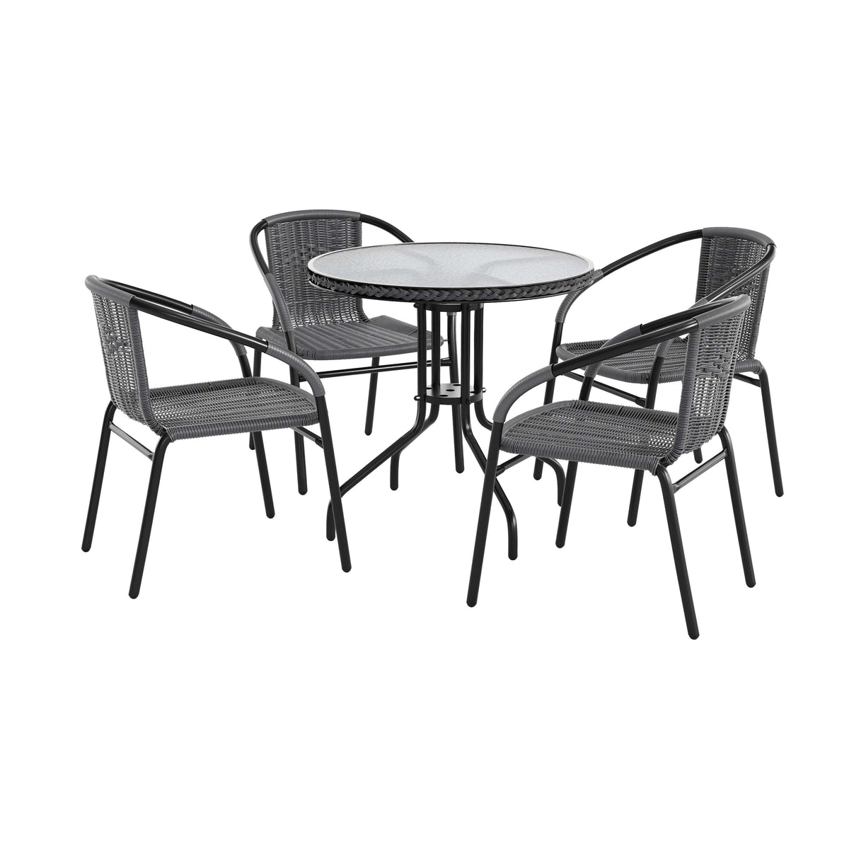 Barker 28'' Round Glass Metal Table with Rattan Edging and 4 Rattan Stack Chairs