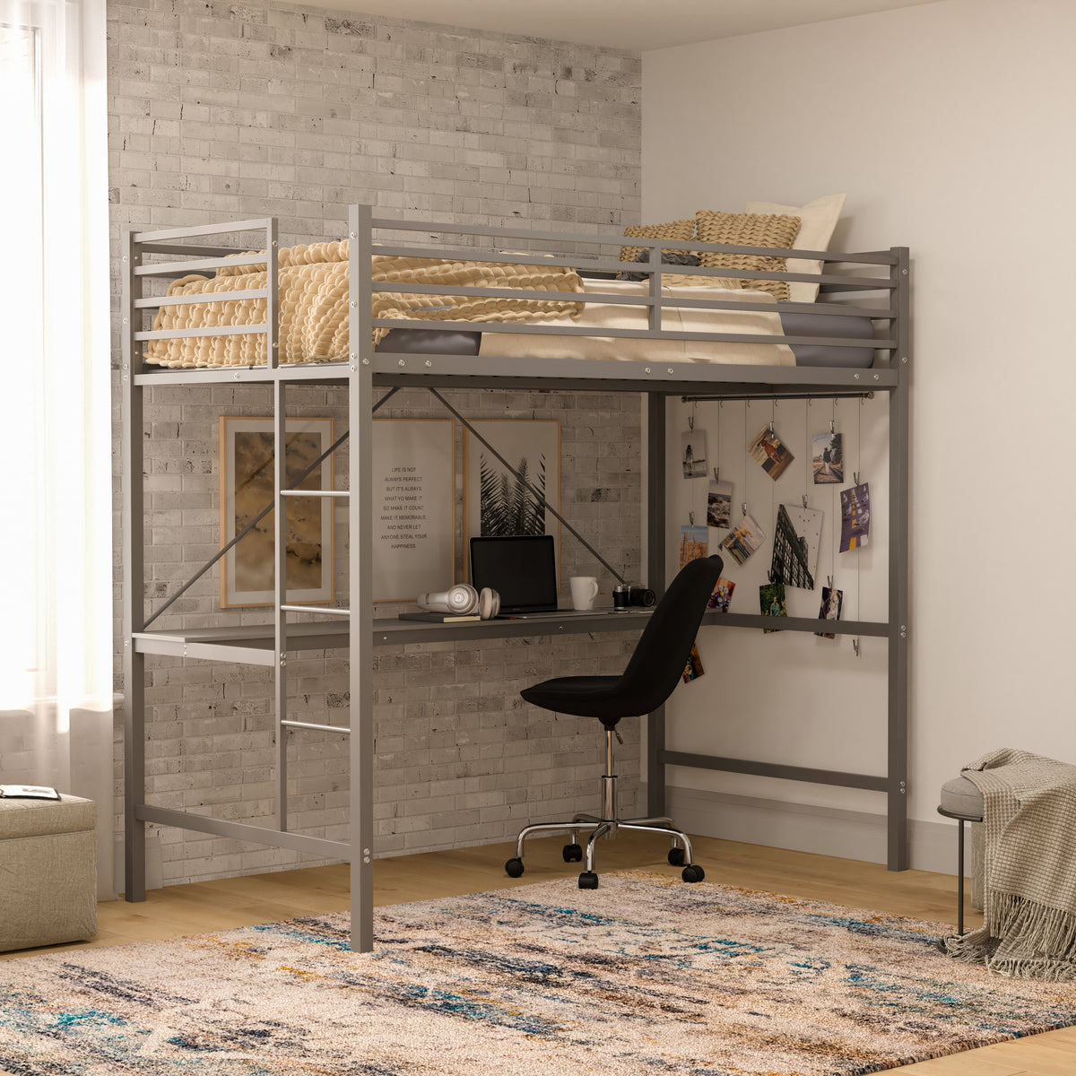 Jake Metal Loft Bed Frame with Desk, Protective Guard Rails and Ladder for Kids, Teens and Adults