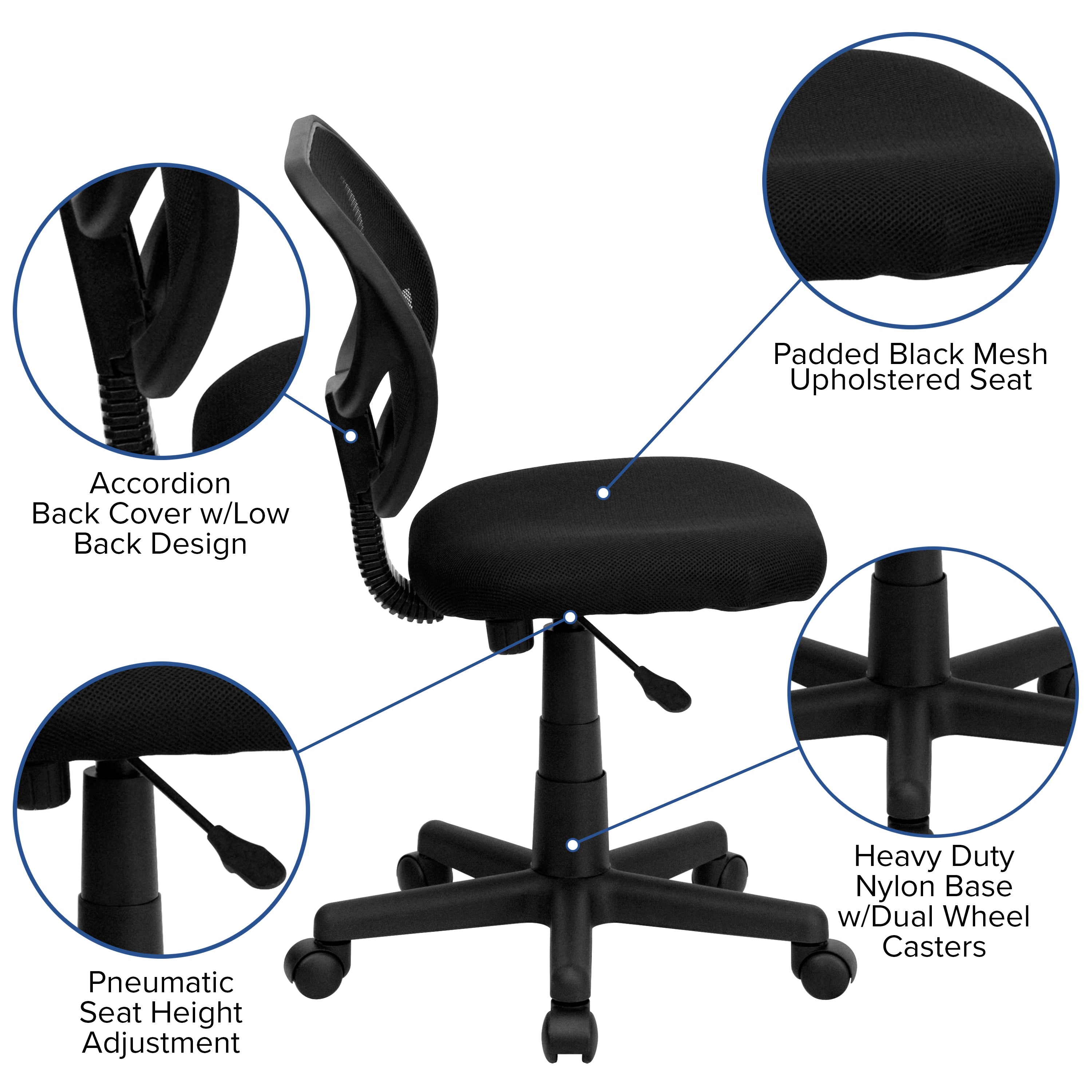 Low Back Mesh Swivel Task Office Chair with Curved Square Back