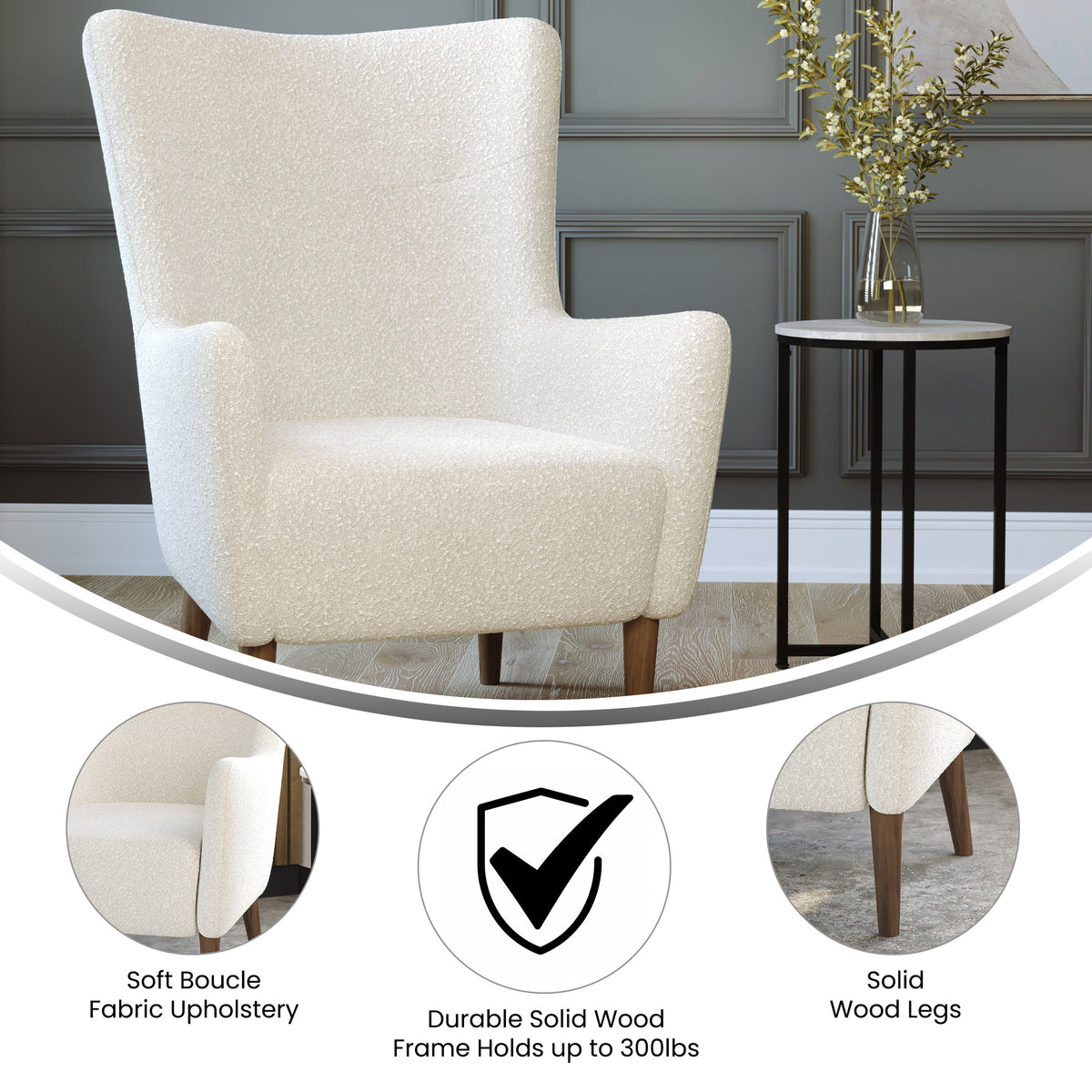 Connor Traditional Wingback Accent Chair, Commercial Grade Upholstery and Wooden Frame and Legs