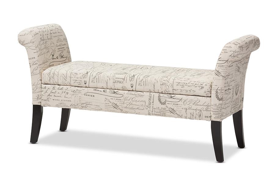 Avignon Script-Patterned French Laundry Fabric Storage Ottoman Bench