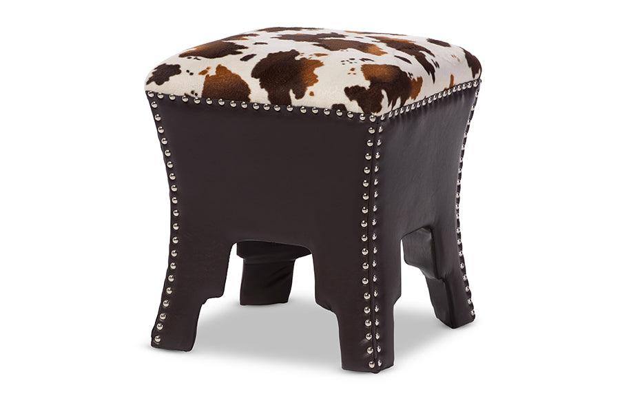 Sally Modern and Contemporary Cow-print Patterned Fabric Faux Leather Upholstered Accent Stool with Nail heads