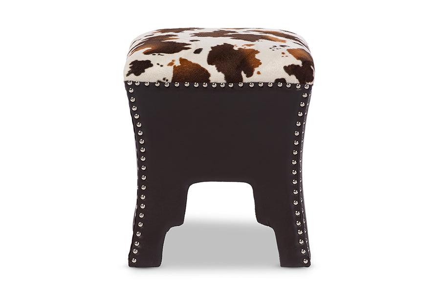 Sally Modern and Contemporary Cow-print Patterned Fabric Faux Leather Upholstered Accent Stool with Nail heads