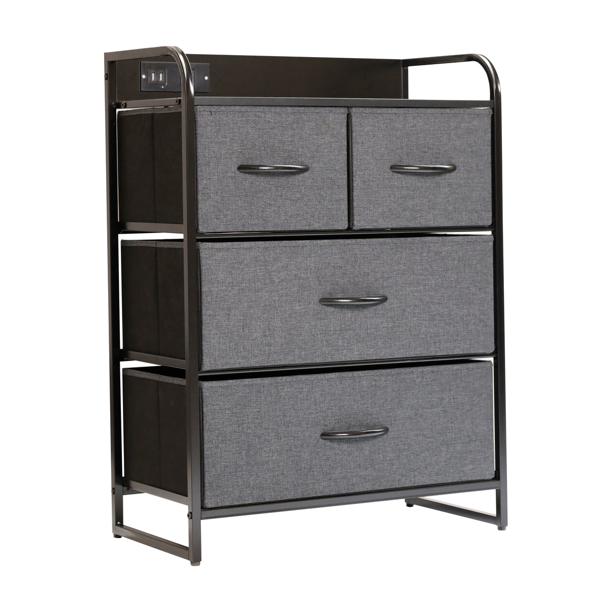 Sodano 4 Drawer Nightstand with Charging Station, 2 USB Ports and 1 Outlet, Metal Frame, Engineered Wood Top, Drawers and Handles