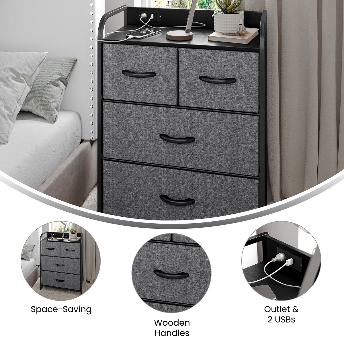 Sodano 4 Drawer Nightstand with Charging Station, 2 USB Ports and 1 Outlet, Metal Frame, Engineered Wood Top, Drawers and Handles
