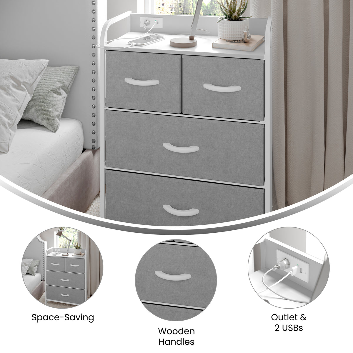 Sodano 4 Drawer Nightstand with Charging Station, 2 USB Ports and 1 Outlet, Metal Frame, Engineered Wood Top, Drawers and Handles