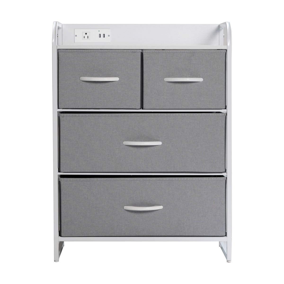 Sodano 4 Drawer Nightstand with Charging Station, 2 USB Ports and 1 Outlet, Metal Frame, Engineered Wood Top, Drawers and Handles