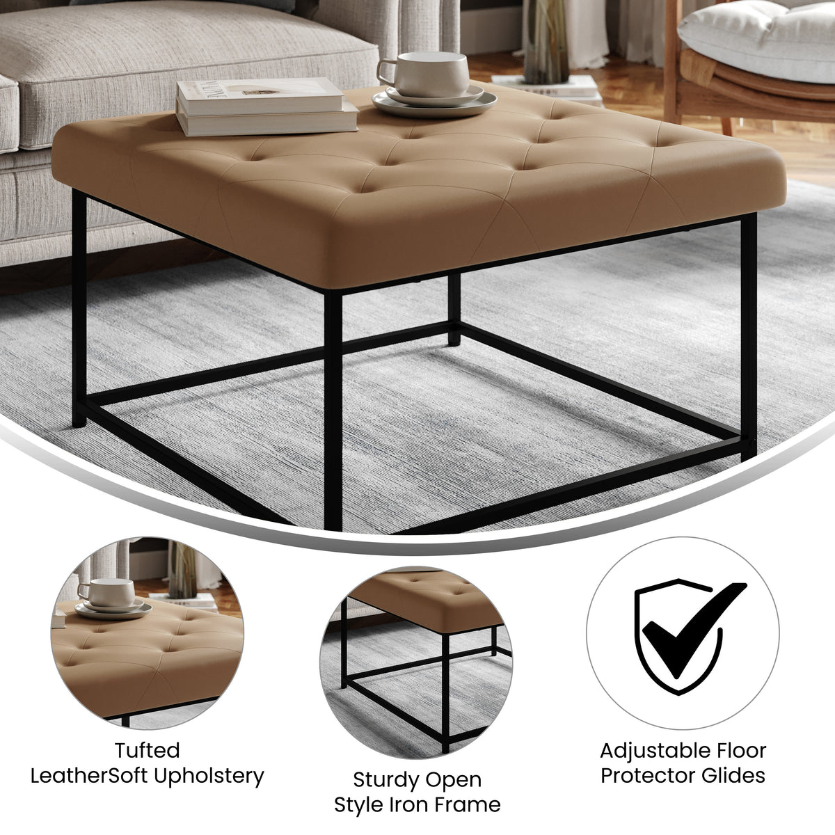Ashton 30" Square Upholstered Tufted Ottoman with Metal Frame