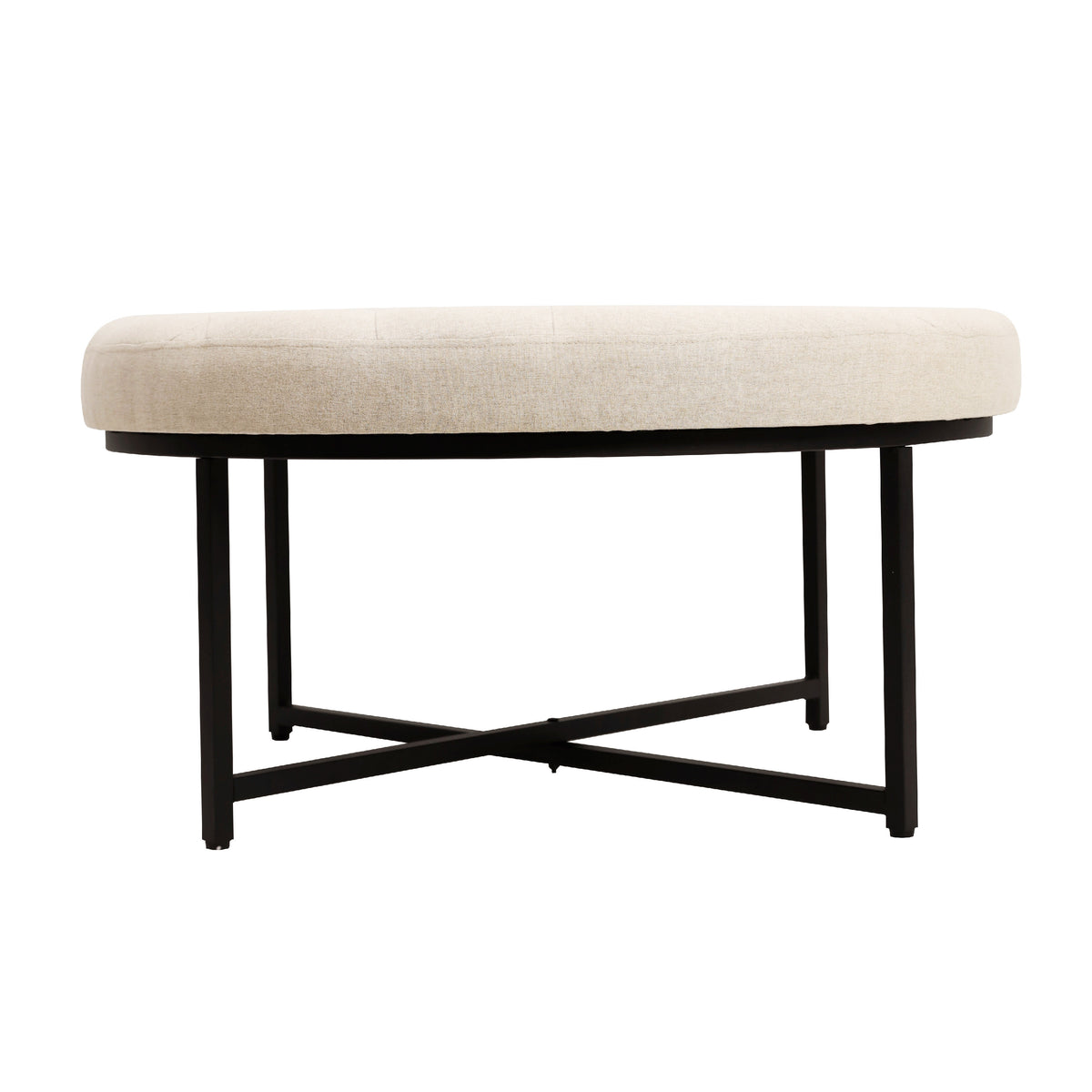 Ashton 34" Round Cotton Linen Tufted Ottoman with Metal Frame