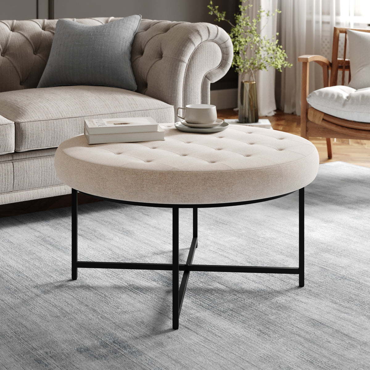 Ashton 34" Round Cotton Linen Tufted Ottoman with Metal Frame