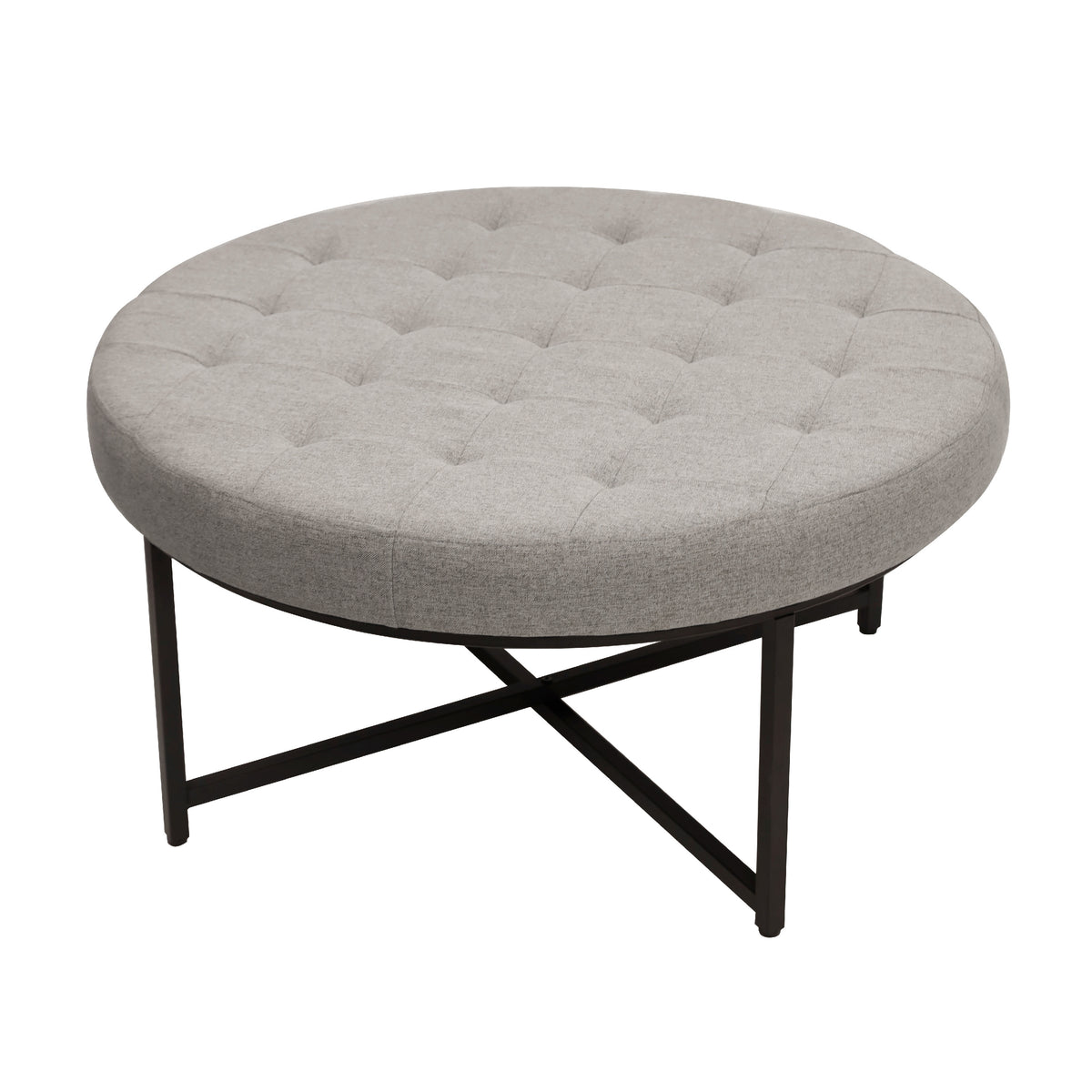 Ashton 34" Round Cotton Linen Tufted Ottoman with Metal Frame