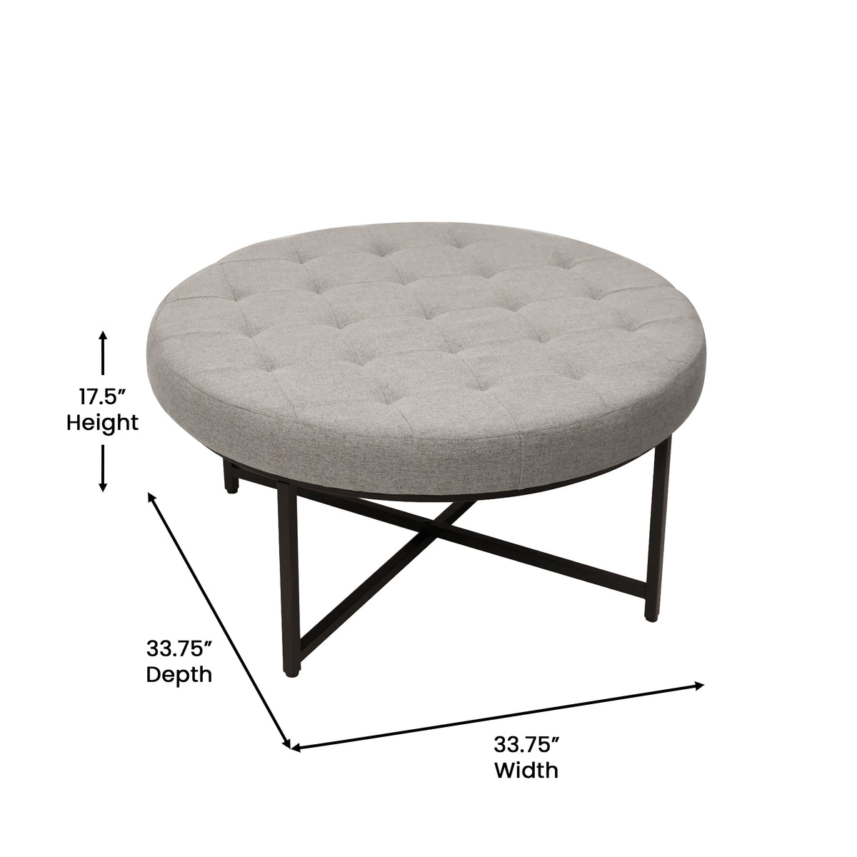 Ashton 34" Round Cotton Linen Tufted Ottoman with Metal Frame