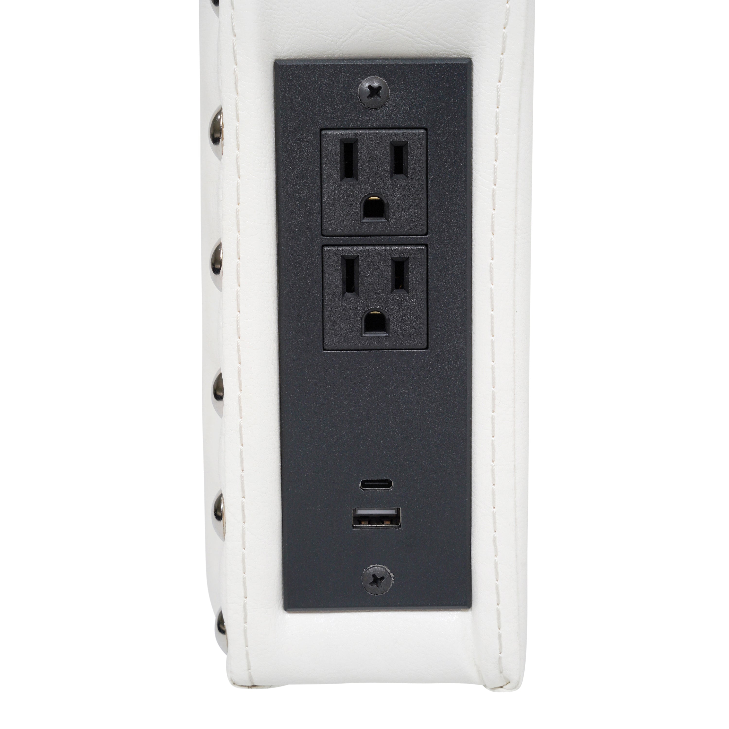 Adeline Contoured Headboard with 2 Power Outlets, 1 USB and 1 USB Type-C Port with Studded LeatherSoft Upholstery and Dual Hanging Options