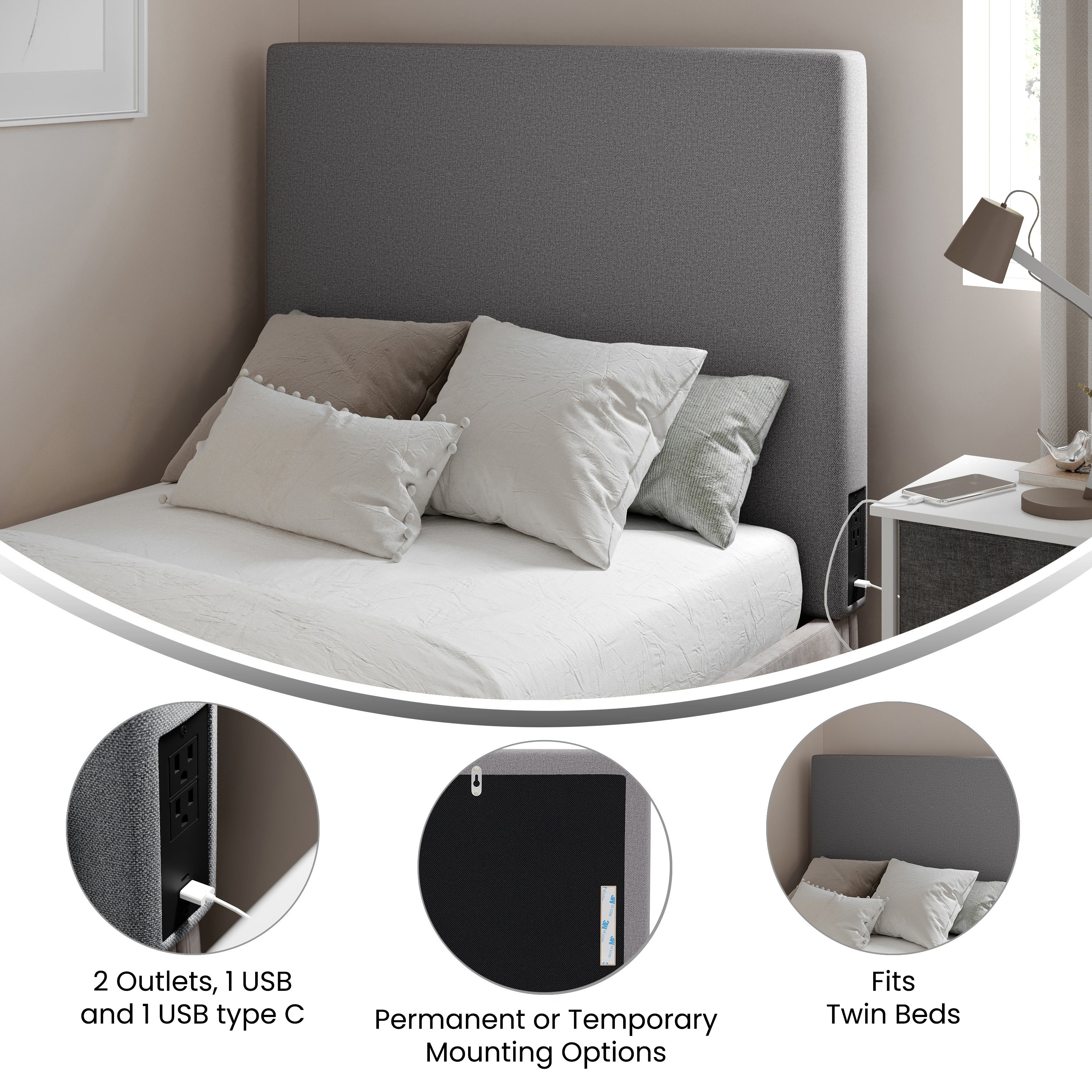 Hugo Headboard with 2 Power Outlets, 1 USB and 1 USB Type-C Port with Faux Linen Upholstery and Dual Hanging Options