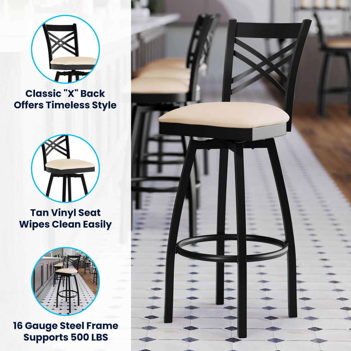 X" Back Swivel Metal Barstool