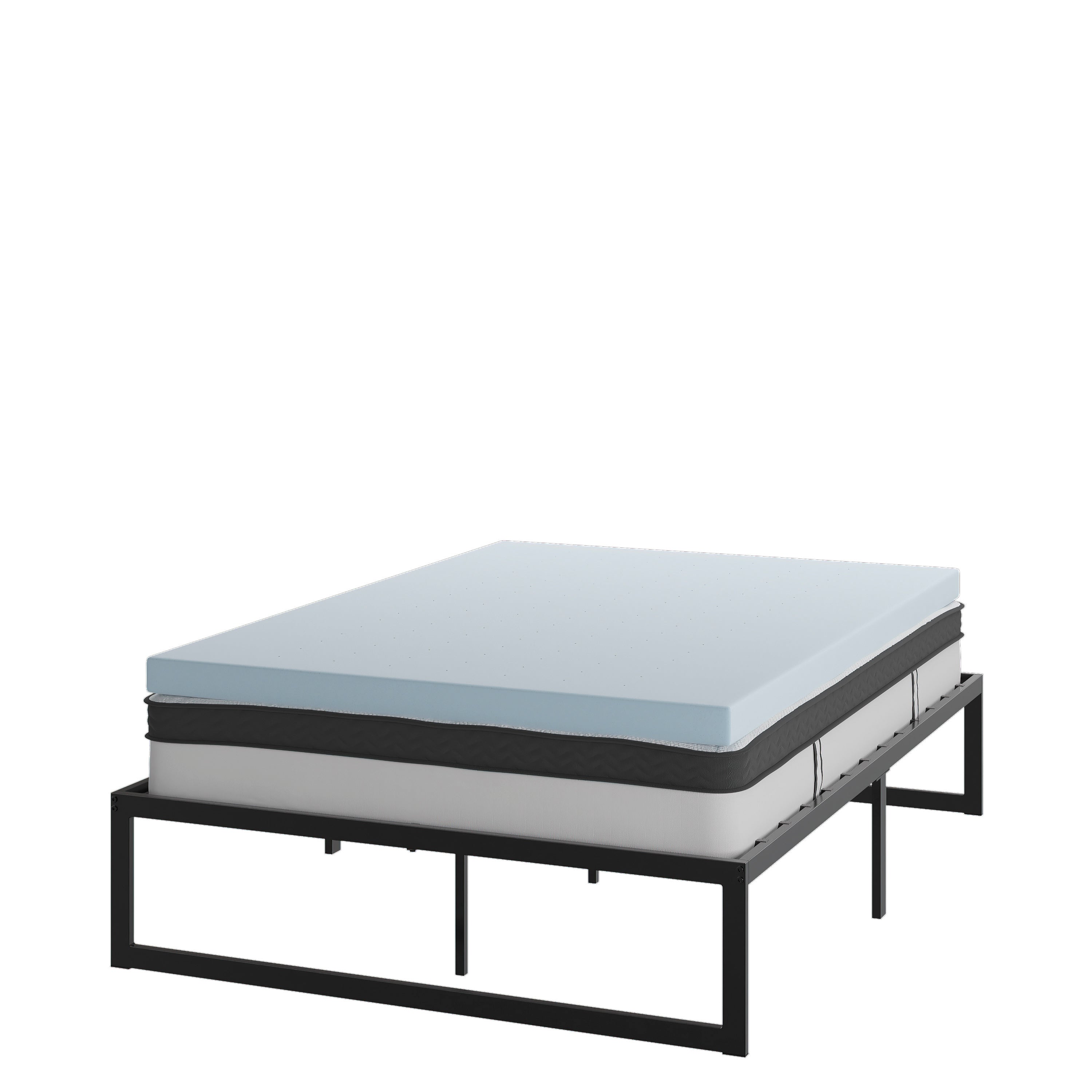 14 Inch Metal Platform Bed Frame with 10 Inch Pocket Spring Mattress in a Box and 2 Inch Cool Gel Memory Foam Topper