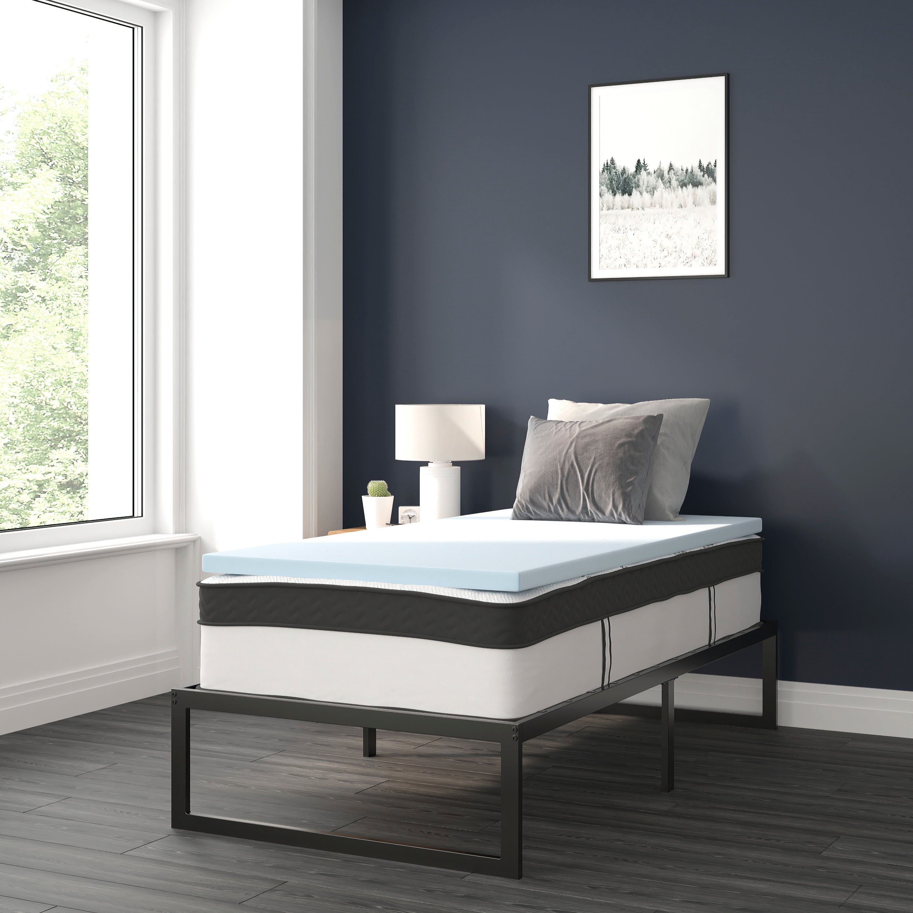 14 Inch Metal Platform Bed Frame with 12 Inch Pocket Spring Mattress in a Box and 2 Inch Cool Gel Memory Foam Topper