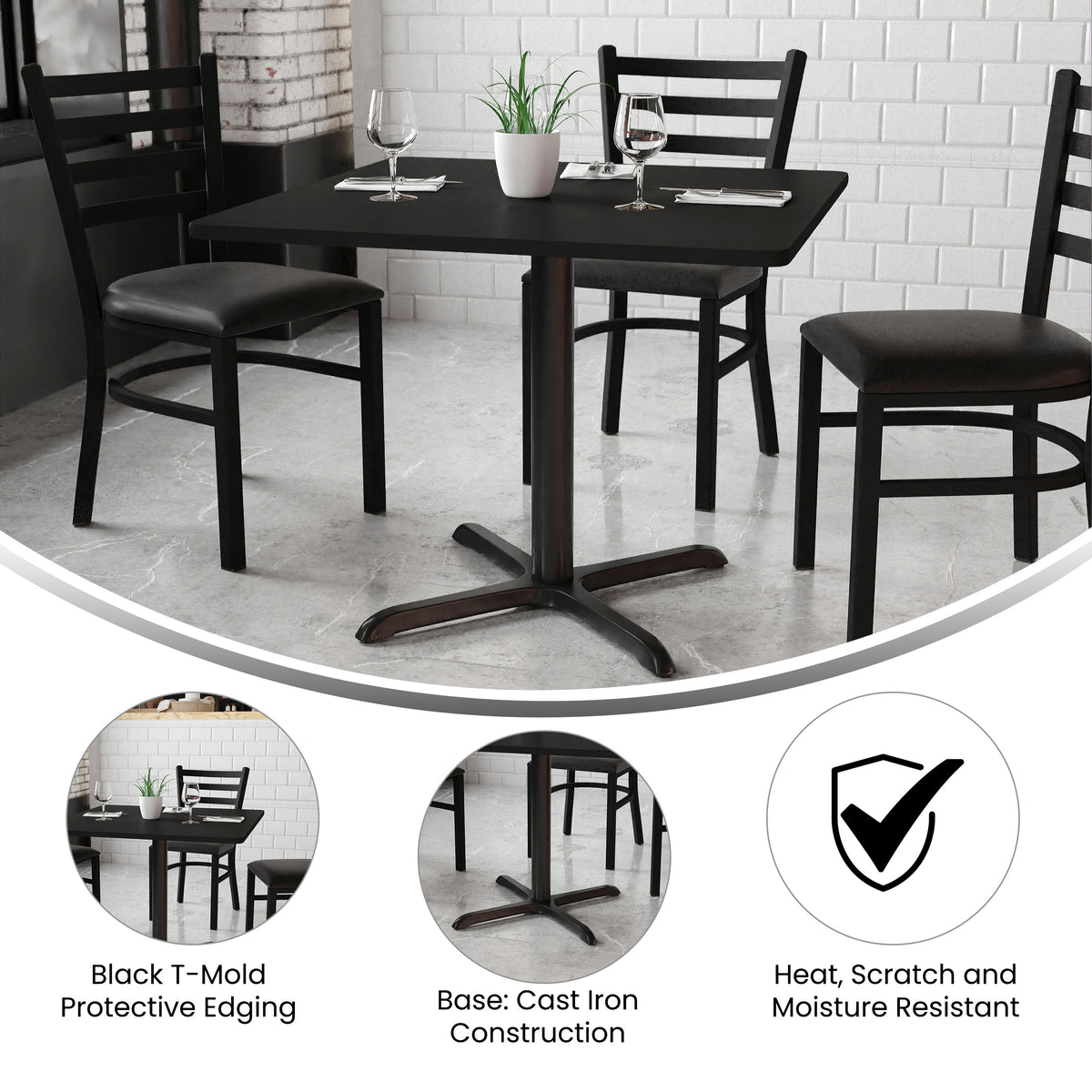 36'' Square Laminate Table Set with X-Base and 4 Ladder Back Metal Chairs