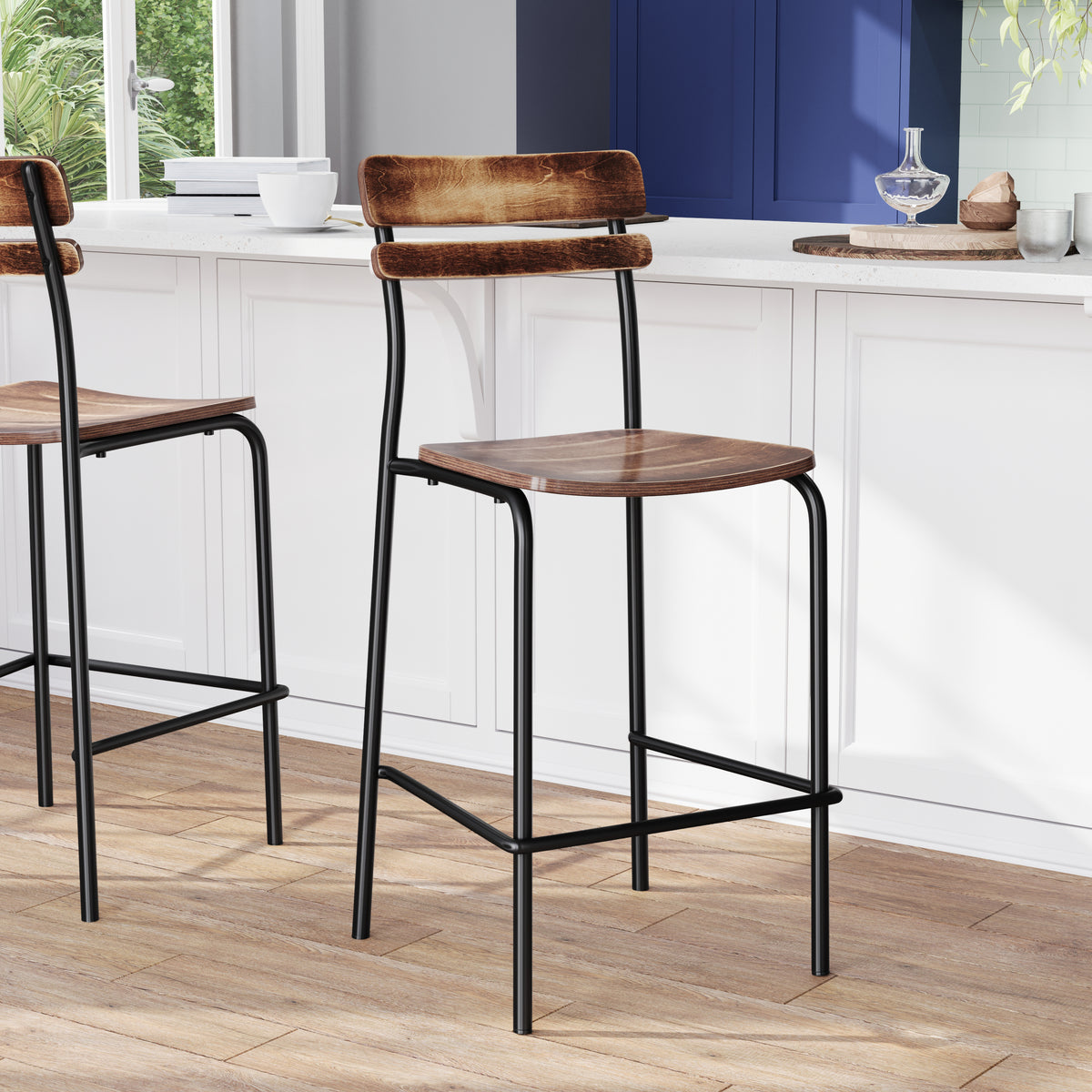Cyprus Commercial Grade Solid Wood Bar Stool with Metal Frame and Antique Finish