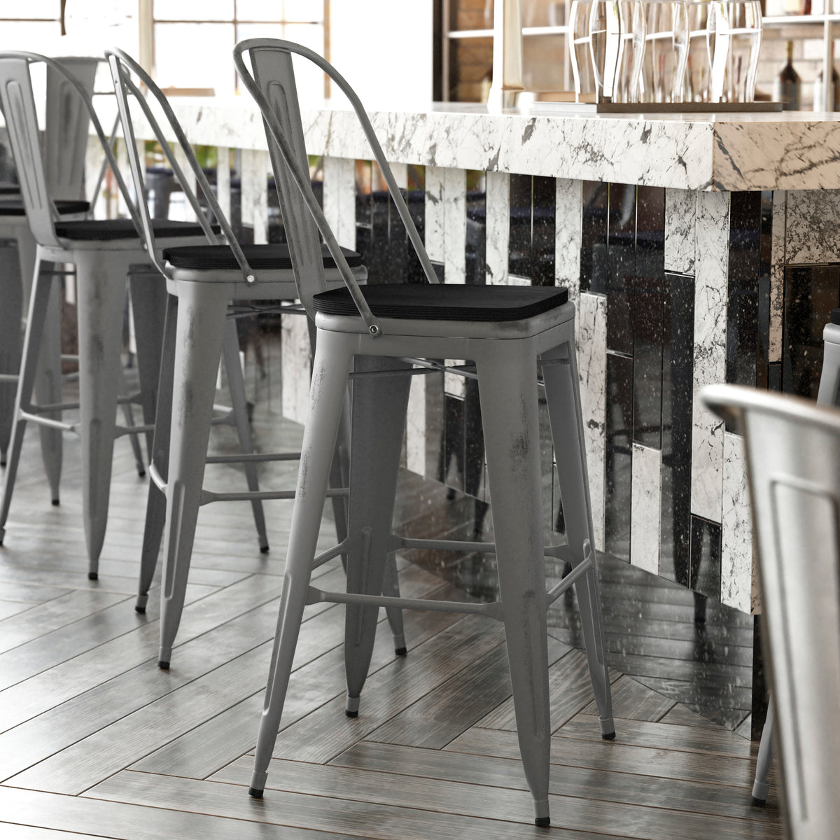 Lincoln 30'' High Indoor Bar Height Stool with Back with Poly Resin Wood Seat