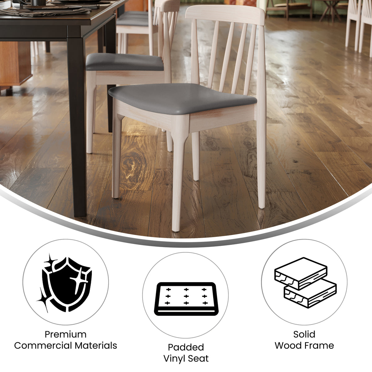 Chester Commercial Grade Solid Wood Dining Chair with Slatted Backrest and Vinyl Seat