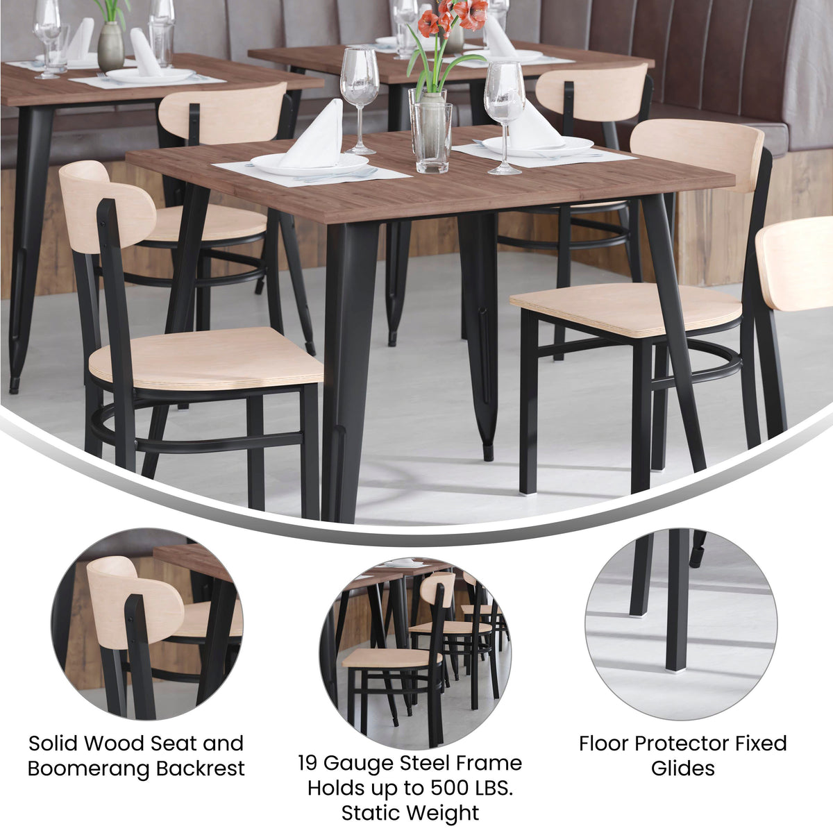 Wright Commercial Grade Dining Chair with 500 LB. Capacity Steel Frame, Solid Wood Seat, and Boomerang Back